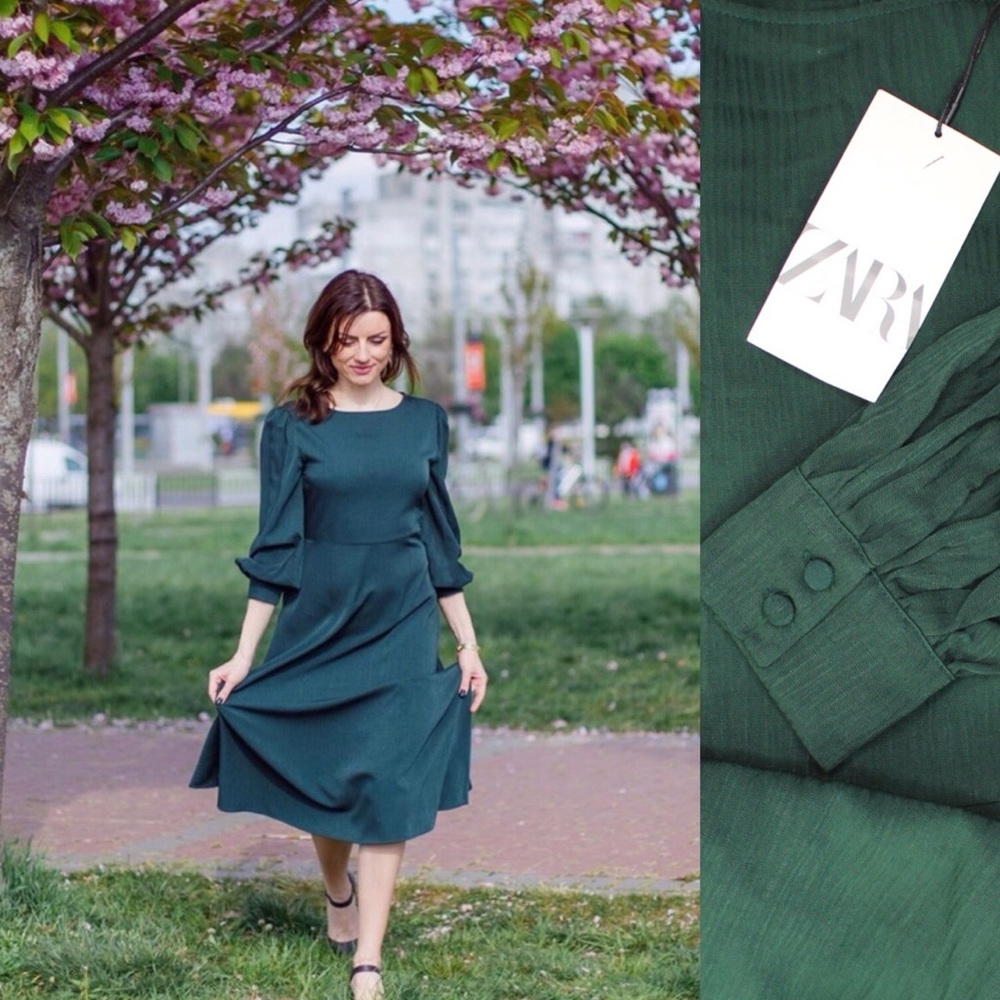Zara NWT Bottle Green Wrinkled Look Feminine Fit Bloggers Favorite Dress XS